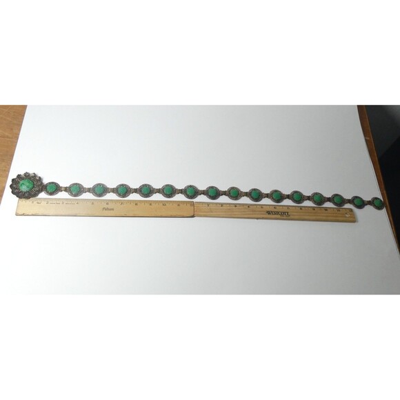 Metal Flower Link Belt w/ Carved Green Glass 26" Small Vintage Victorian - Picture 13 of 13